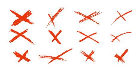 Set of crosses shapes. Red X handdrawn signs collection. No symbols for vote, quiz or survey. Simple choice icons. Cross doodle mark child handwritten. Vector illustration isolated on white bg.
