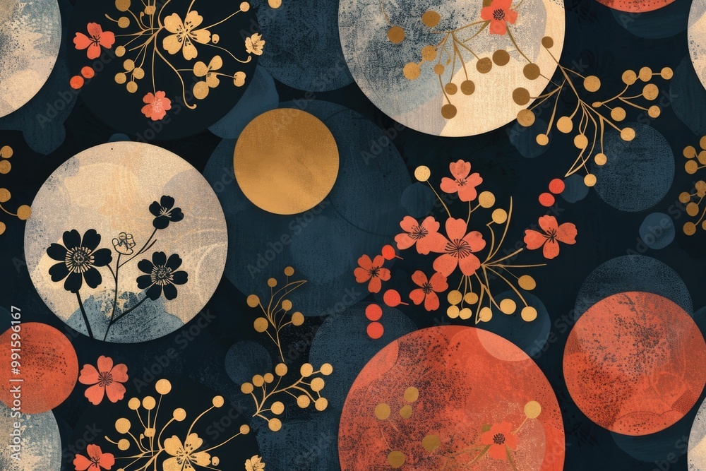 Aufkleber A geometric design featuring interlocking circles and flowers on a dark background, ideal for use in designs where subtle texture is needed