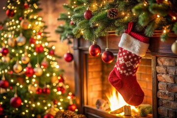 Beautifully decorated christmas tree with lights and ornaments in a cozy fireplace setting with a red stocking hanging Christmas festive holiday season