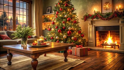 Warm inviting living room decorated for christmas with a beautiful tree lights and a cozy fireplace creating a festive ambiance with a view of the sunset outside