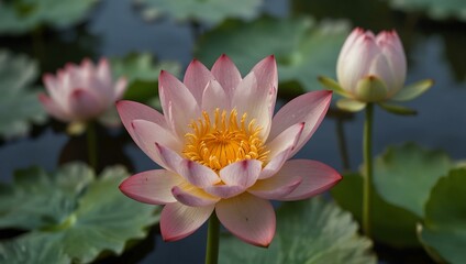 Close-up of lotus flower in a pond, symbolizing tranquility.