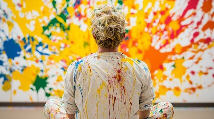 Fototapeta premium An artist covered in paint sits in front of a large mural of splattered colors, representing the idea that true creativity emerges from the chaos of emotion and thought.