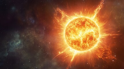 Obraz premium Giant star burning brightly in space, with solar winds and radiation waves flowing from its surface