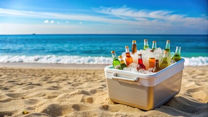 Ice-filled cooler with drinks on sandy beach at a summer beach bash, cooler, drinks, beverages, beach, sand, summer, party