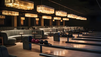 Luxury bowling alley with plush seating and sleek dark wood lanes luxury