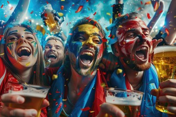 Obraz premium Group of people celebrating with colorful face paint and confetti
