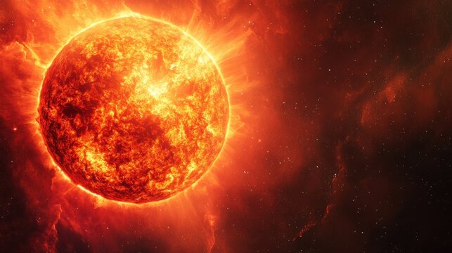 Massive red supergiant star glowing brightly, its surface marked with solar flares and intense radiation