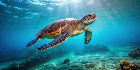 Obraz premium Lonely sea turtle swimming in isolation, lonely, isolated, sea turtle, ocean, marine, wildlife, solitude, peaceful