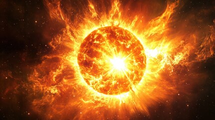 Obraz premium Massive star burning brightly as it undergoes fusion, surrounded by solar winds and radiation in deep space