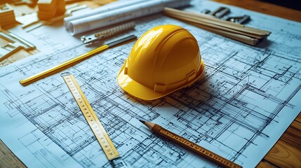 A flat lay of detailed architectural blueprints spread across a desk, with pencils, rulers, and a bright yellow hard hat symbolizing a well-planned building strategy.