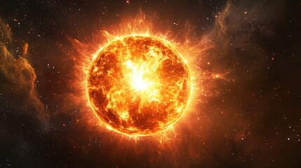 Massive star burning brightly as it undergoes fusion, surrounded by solar winds and radiation in deep space