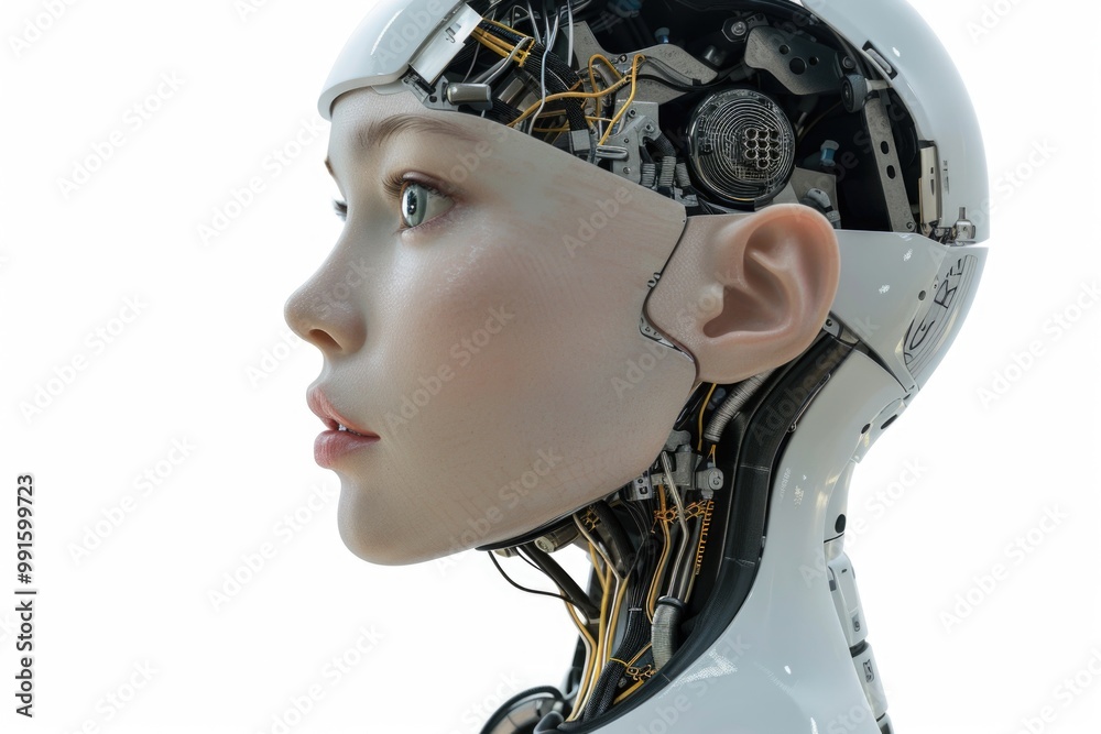 Poster a close-up shot of a person's head with a robot's head, suitable for tech-related illustrations or f