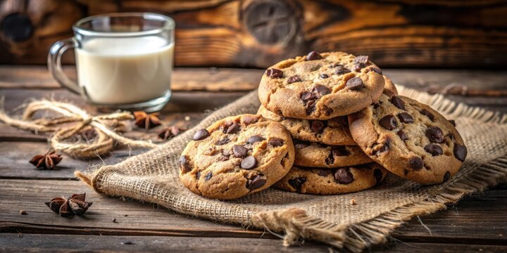 Delicious chocolate chip cookies on rustic wooden table with warm cozy vibes