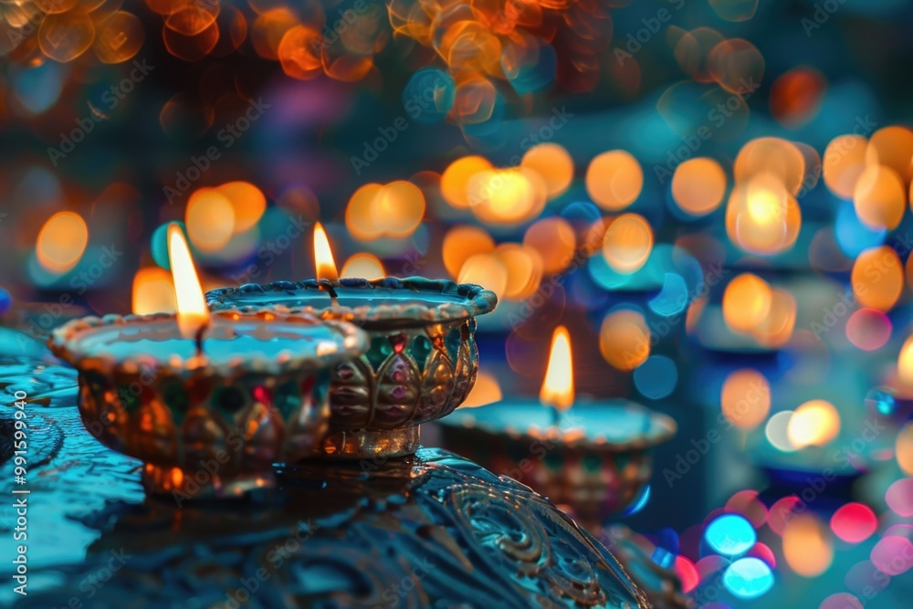 Poster A group of candles lit up on a table, perfect for use in any scene where light is needed
