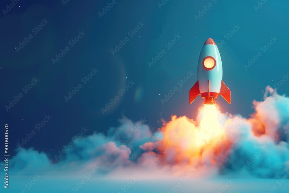 Poster a rocket blasts off into space from a cloudy sky with sun shining through the clouds