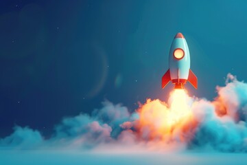 A rocket blasts off into space from a cloudy sky with sun shining through the clouds