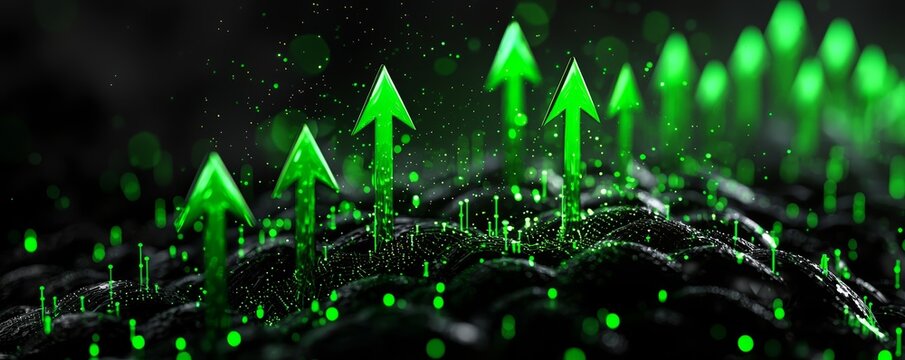The growth of cryptocurrency and decentralized finance, represented by green arrows shooting upwards in a digital, data-rich environment.