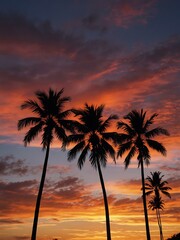 Coastal sunset with silhouetted palm trees and colorful sky.