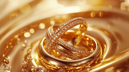 Elegant jewelry ad featuring luxurious gold rings adorned with sparkling diamonds, set against a luminous golden background