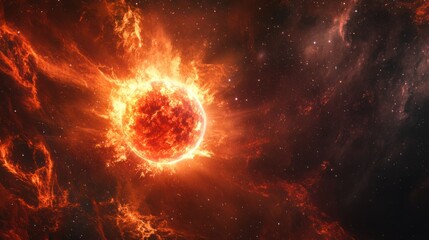 Fototapeta premium Red giant star nearing the end of its life, glowing with a fiery hue and casting light across nearby space