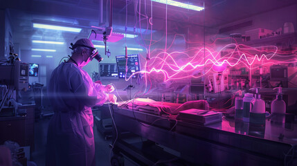 A heart surgeon performing surgery in a room where the patient's heartbeat is visualized as waves of light, helping guide the surgeon's precise movements