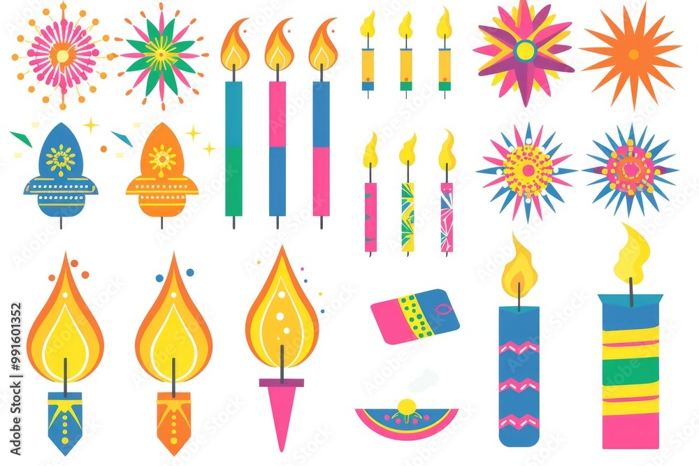 Poster a variety of colorful candles and decorations on a white background, perfect for use in party or eve