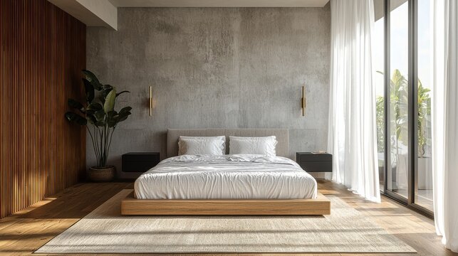 Minimalist bedroom with a low-profile bed, modern decor, and natural light enhancing a serene atmosphere
