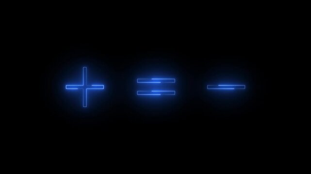 Neon plus equal minus icon blue glowing black background animation