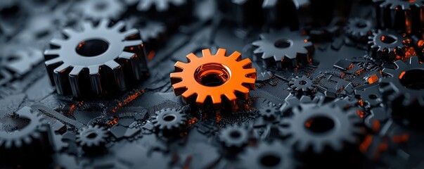 Modern abstract concept of teamwork and innovation highlighted by orange gear among gray machinery