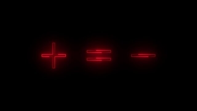Neon plus equal minus icon red glowing black background animation