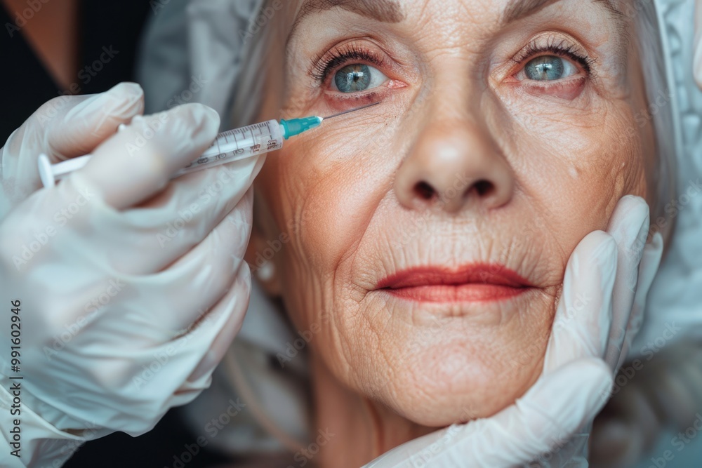 Canvas Prints A woman sits in a medical setting receiving an injection from a doctor