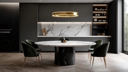 Elegant modern dining room with a large round marble table and stylish green chairs in a sophisticated interior design setting