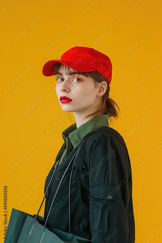 Poster A woman wearing a red hat and green jacket, simple yet stylish