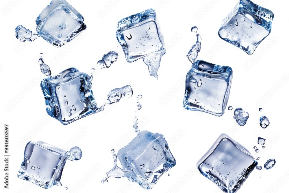 Poster Frozen ice cubes surrounded by water splash, great for food, beverage or science illustrations