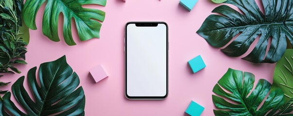 Modern flat lay with a blank screen smartphone surrounded by tropical leaves on pink background
