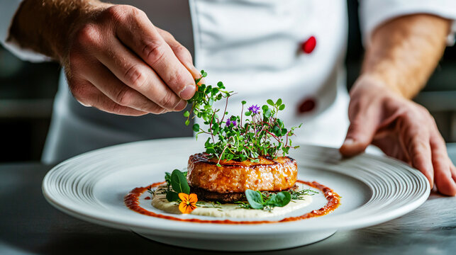 Gourmet dish plating with microgreens by chef, showcasing culinary artistry