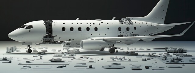 Detailed view of a model airplane being assembled, parts neatly laid out, soft indoor lighting