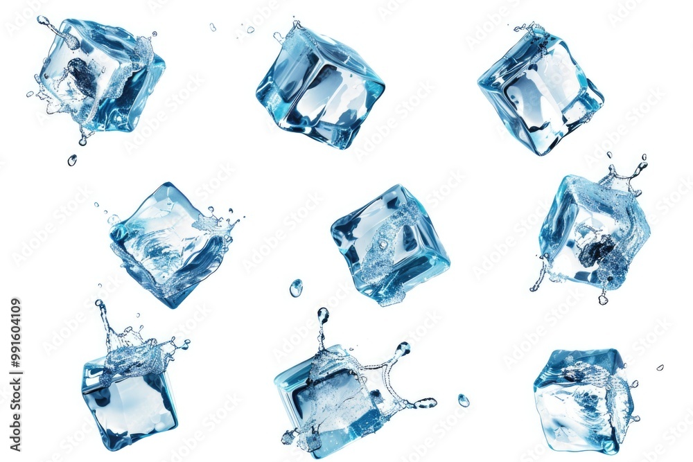 Poster a close-up shot of a bunch of ice cubes with water splashing on them