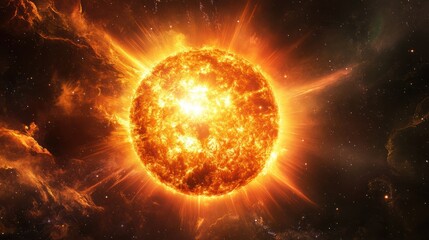 Fototapeta premium Star glowing intensely during its main sequence phase, with visible solar flares and radiation bursts