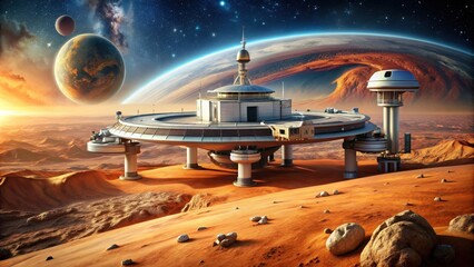 Futuristic of a station on Mars with space exploration and alien planet theme, Mars, station, space, exploration