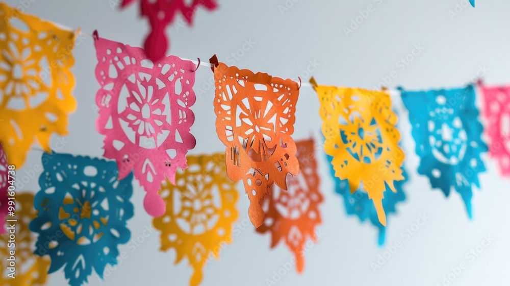 Poster paper decorations in various colors and shapes hang from a string, ideal for parties or celebrations