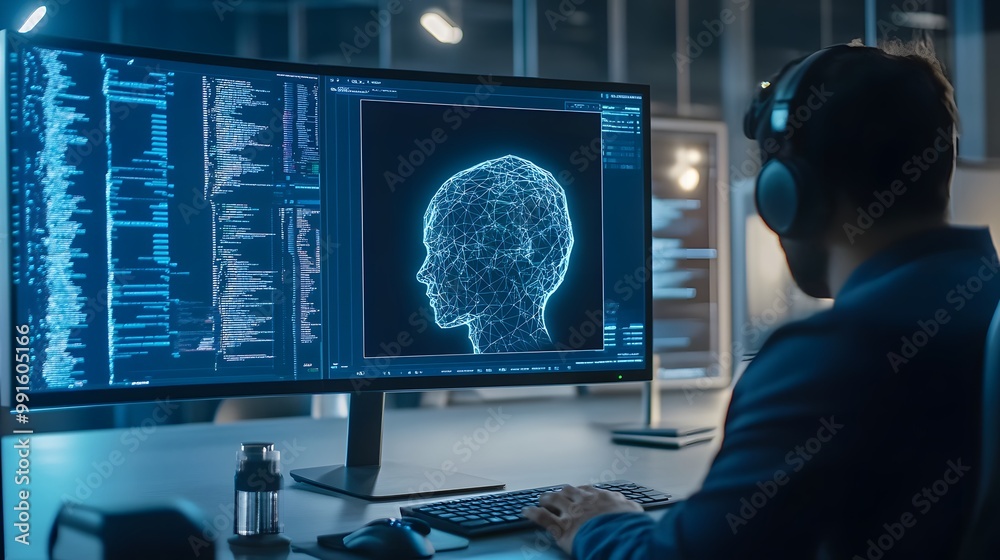Poster programmer working on a computer with a digital human head on the screen