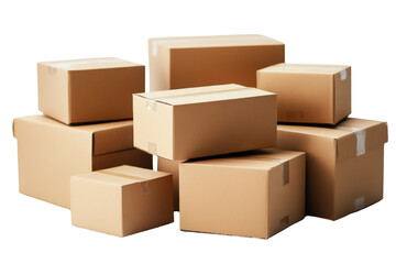 Obraz premium A collection of various cardboard boxes stacked in a random arrangement, showcasing different sizes and shapes, typically used for shipping or storage