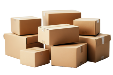 A collection of various cardboard boxes stacked in a random arrangement, showcasing different sizes and shapes, typically used for shipping or storage