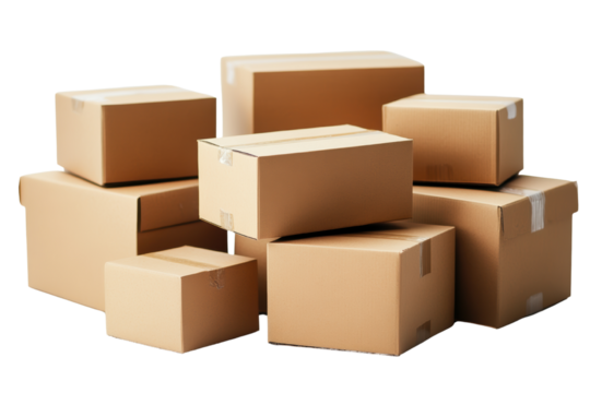 A collection of various cardboard boxes stacked in a random arrangement, showcasing different sizes and shapes, typically used for shipping or storage