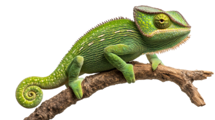 A vibrant green chameleon perched on a branch, showcasing its unique scales and large eye. Its distinctive color and texture highlight its adaptation in nature