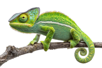 A vibrant green chameleon perched on a branch, showcasing its distinct texture and colors, with a curled tail and an expressive eye