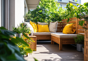 Design an apartment balcony with wooden furniture, potted plants, and pastel yellow accents for relaxation