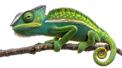 A vibrant chameleon with green and blue scales, perched on a branch, showcasing its unique texture and color