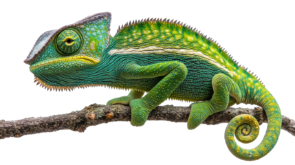 A vibrant chameleon with green and blue scales, perched on a branch, showcasing its unique texture and color